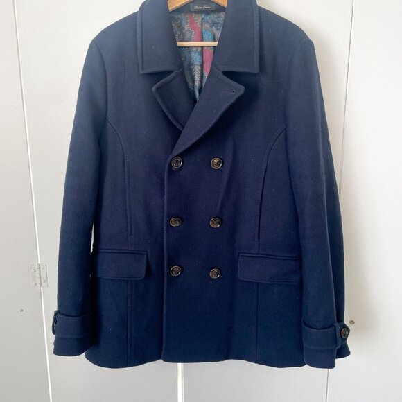 Men’s Ted Baker Navy Ossain Herringbone Wool Blend Peacoat Jacket, Size 4 Large - Picture 4 of 14